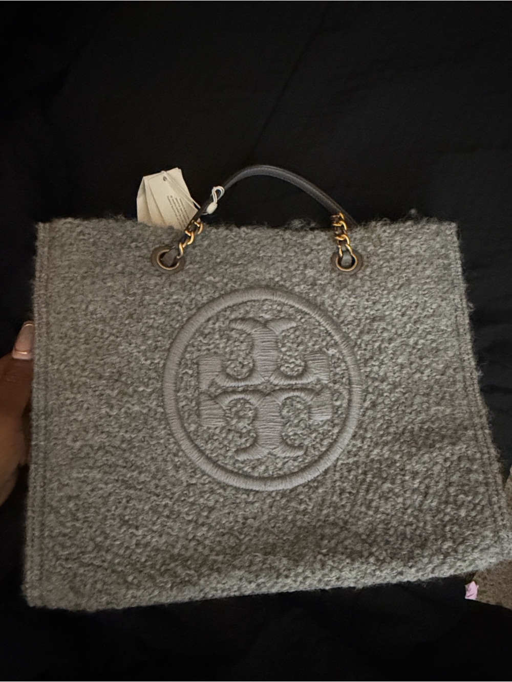 Tory Burch Gray Pebbled Wool Logo Tote with Gold-Tone Accents